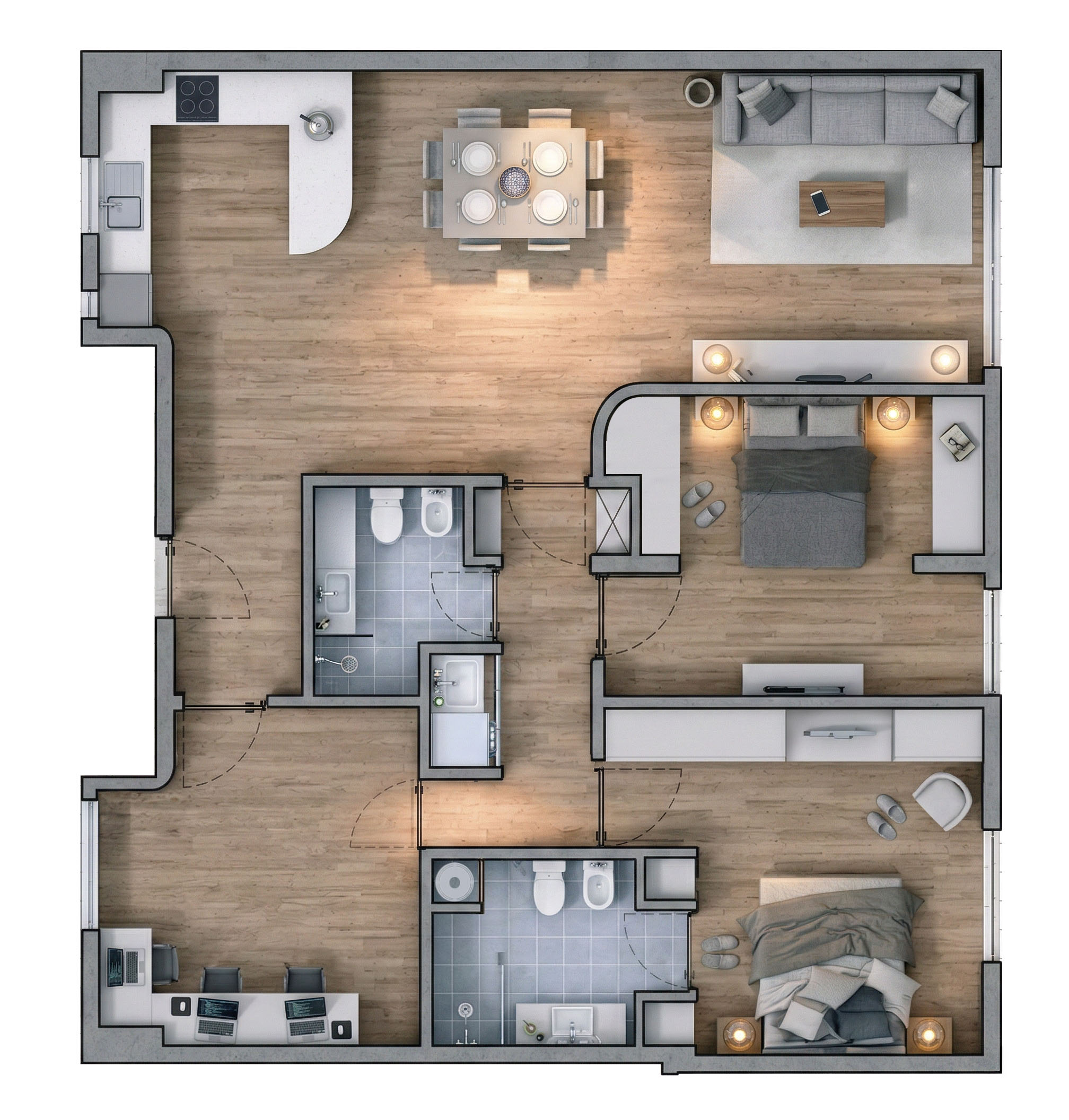 Departamento 2 habitaciones + 1 oficina